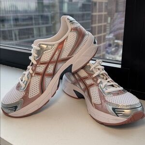 Asics White and Gray Sneakers with Pink Highlights